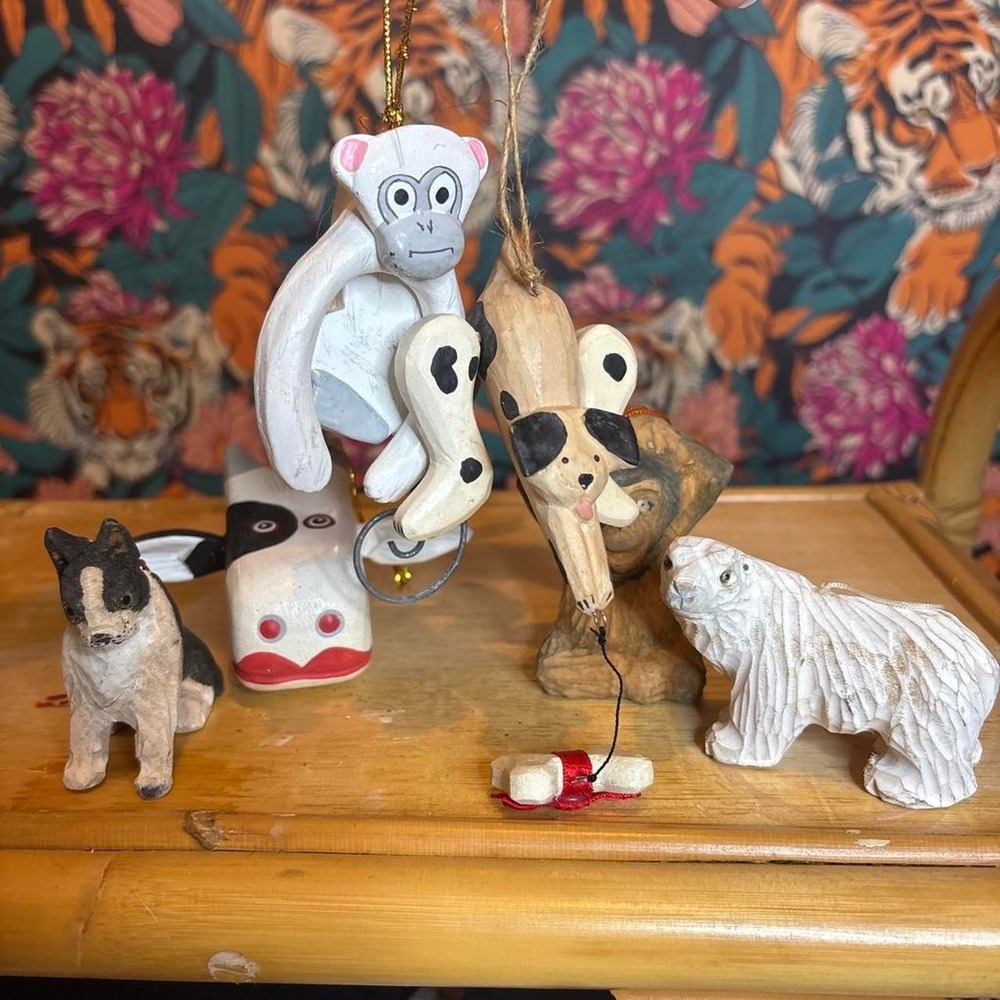 Vintage Handmade Wood Animal Ornaments Bundle 6pc Folk Art Cottagecore Rustic